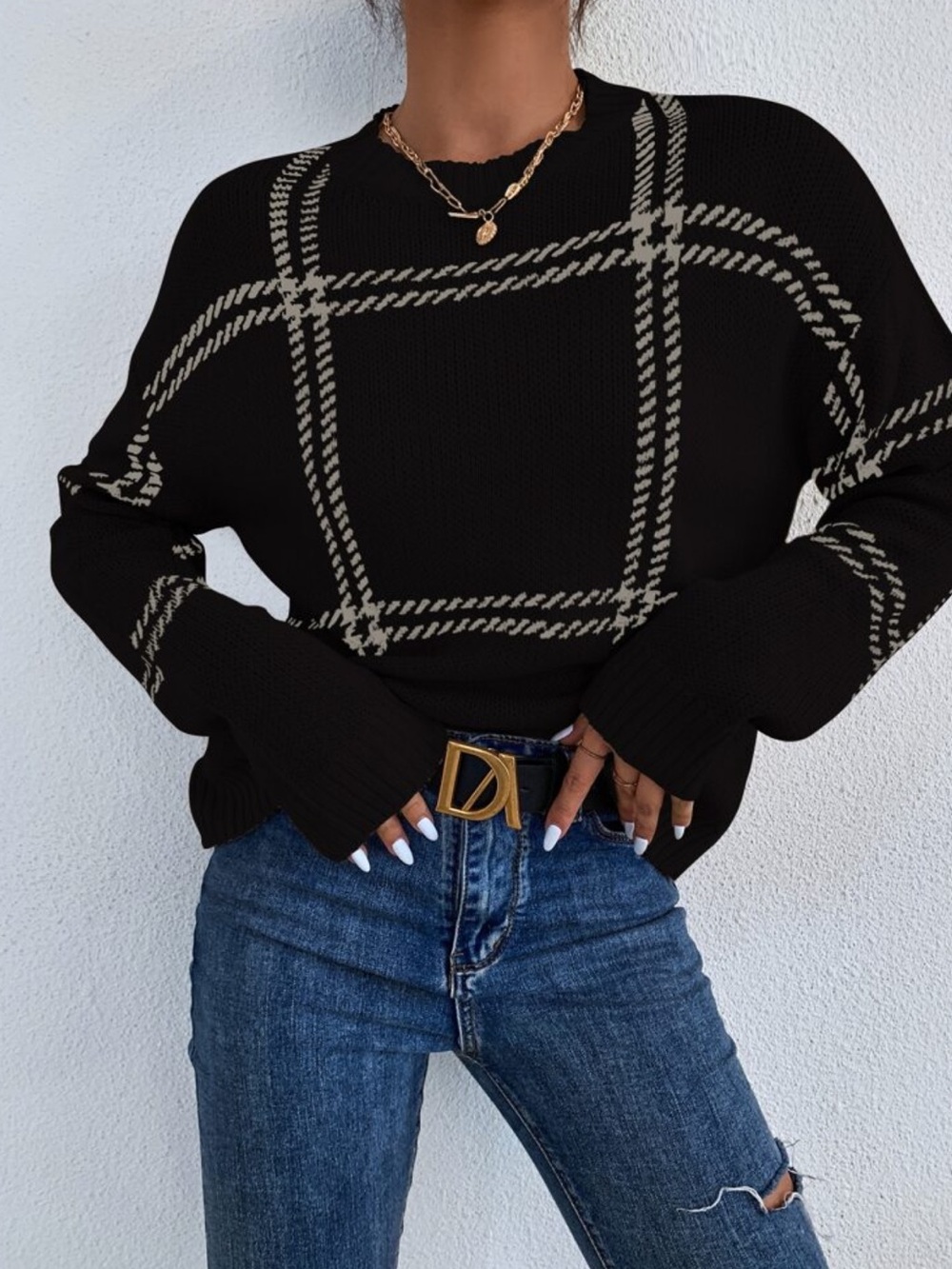 Black Plaid Knit Sweater